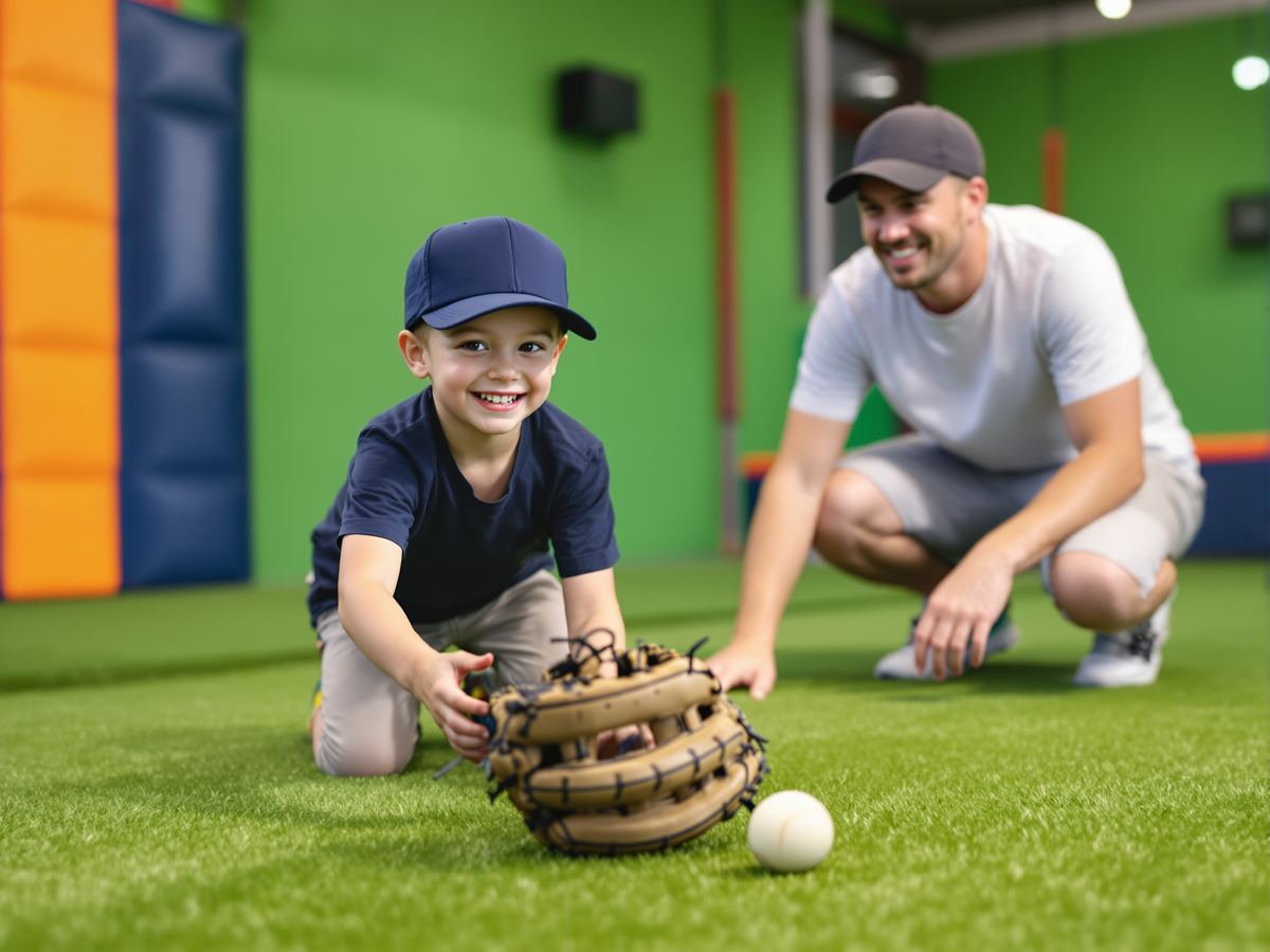 Boy fielding a ground ball in a Sports Universe baseball class