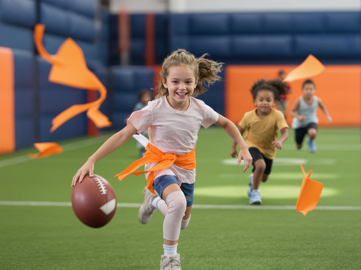 Kids running a flag football drill