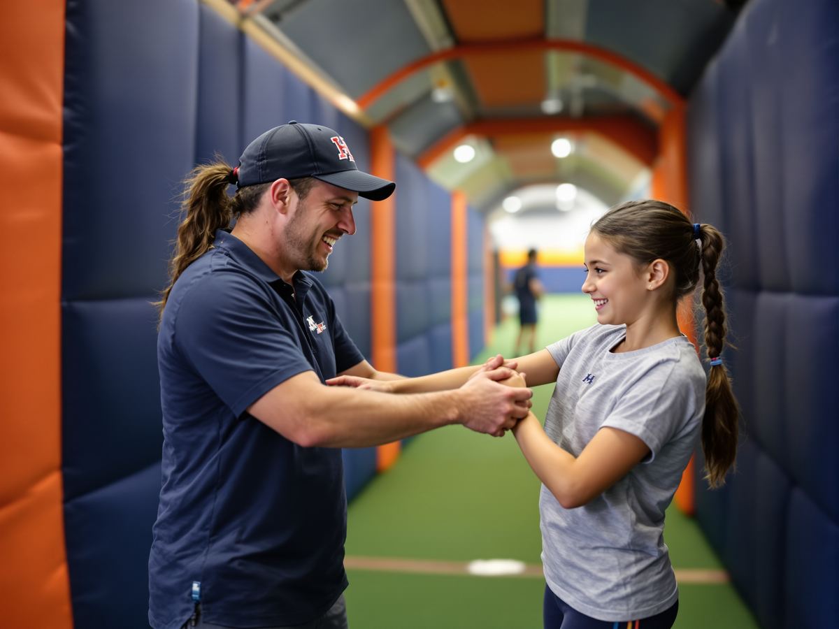 Coach giving a private softball lesson at Sports Universe